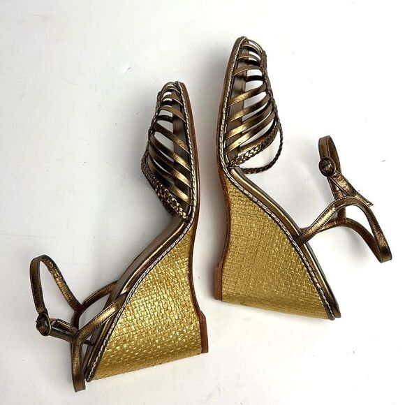NWOB DELMAN Leather Strappy Wedge Gold Sandals Ankle Strap Made in Spain 40 US 9 - Picture 7 of 14